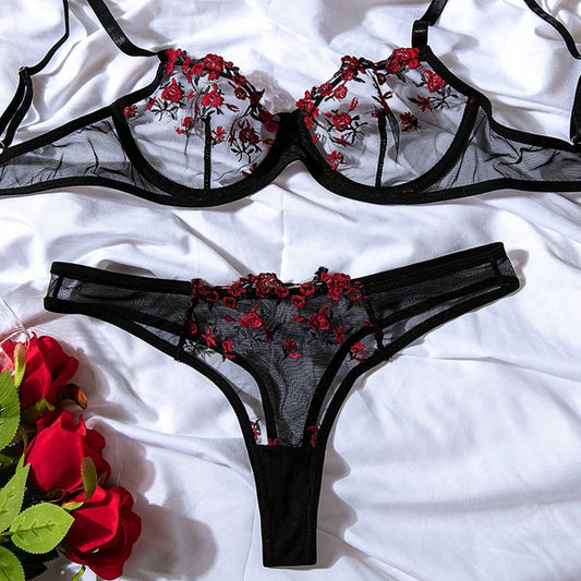 Transparent Underwear With Floral Embroidery
